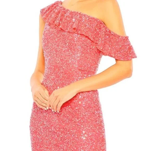 Mac Duggal Watermelon Pink One-Shoulder Sequin Trumpet Gown